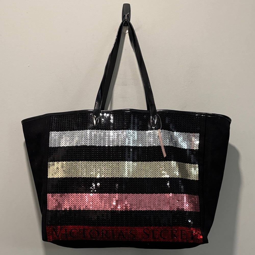 Victoria’s Secret Sequin Stripe Tote Black Large Shopper Weekender Bag NWT - Picture 2 of 14
